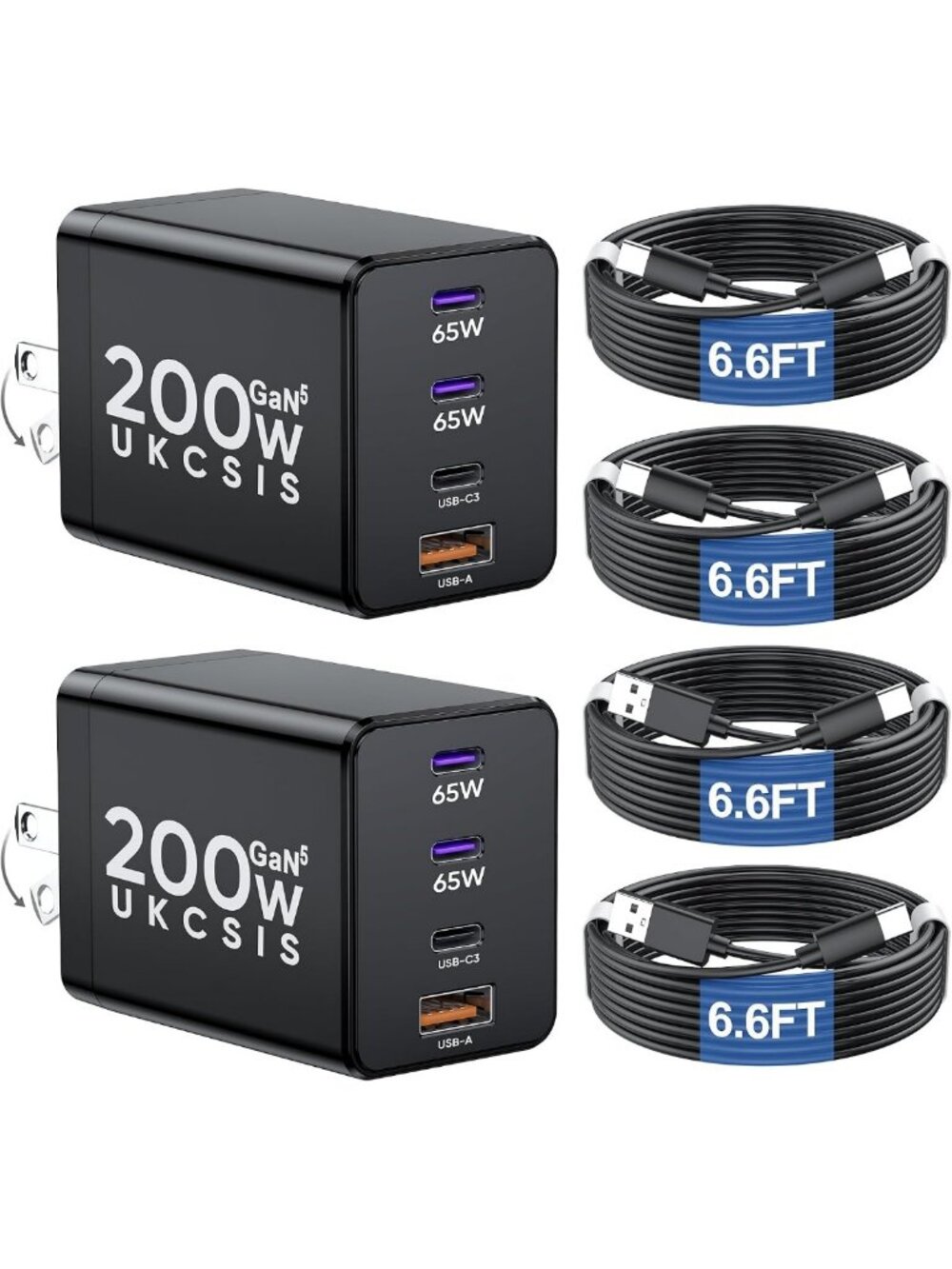 2 Pack 200W Fast USB C Charger Block, Foldable GaN Dual 65W Power Adapter